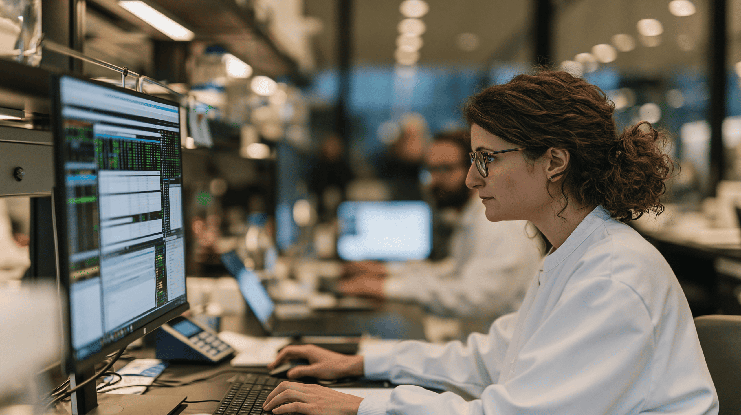 Defense operations center — personnel monitoring secure systems on large displays, focused environment, controlled light