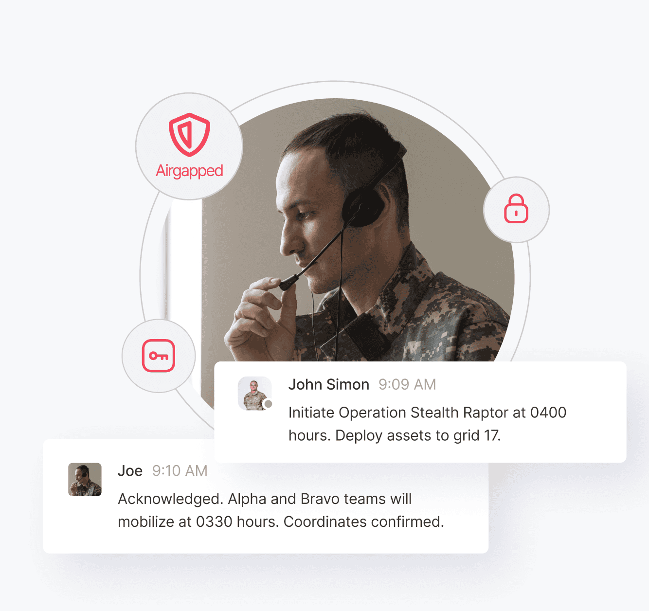 Team member using headset for communication with security icons around.