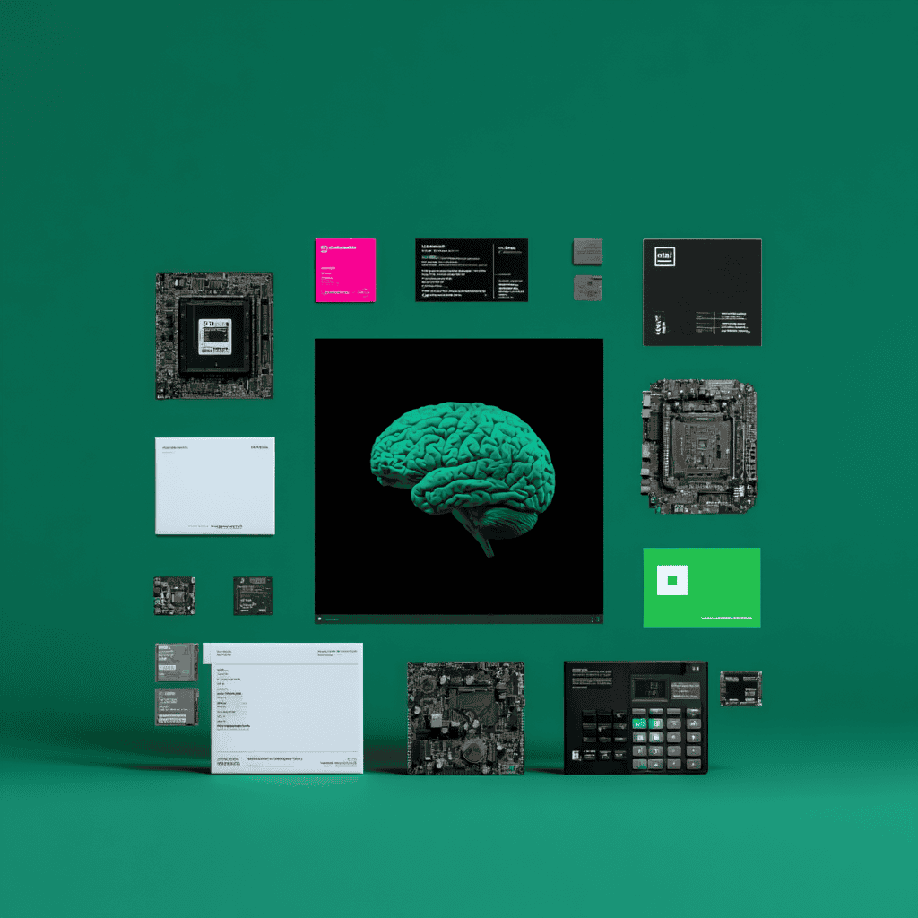 Array of computer hardware and tech components on green background.