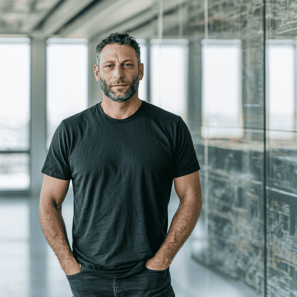 Confident man standing in contemporary office with glass walls and city view.