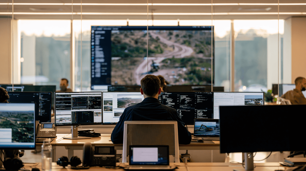 Software developer working with multiple monitors in a modern office.