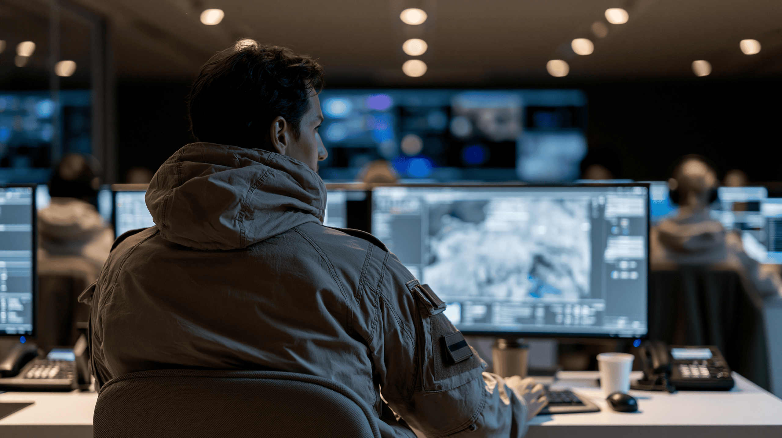 Defense operations center — personnel monitoring secure systems on large displays, focused environment, controlled light
