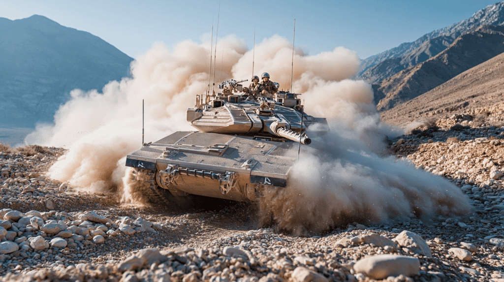 Armored military tank moving through rocky desert landscape with dust clouds.
