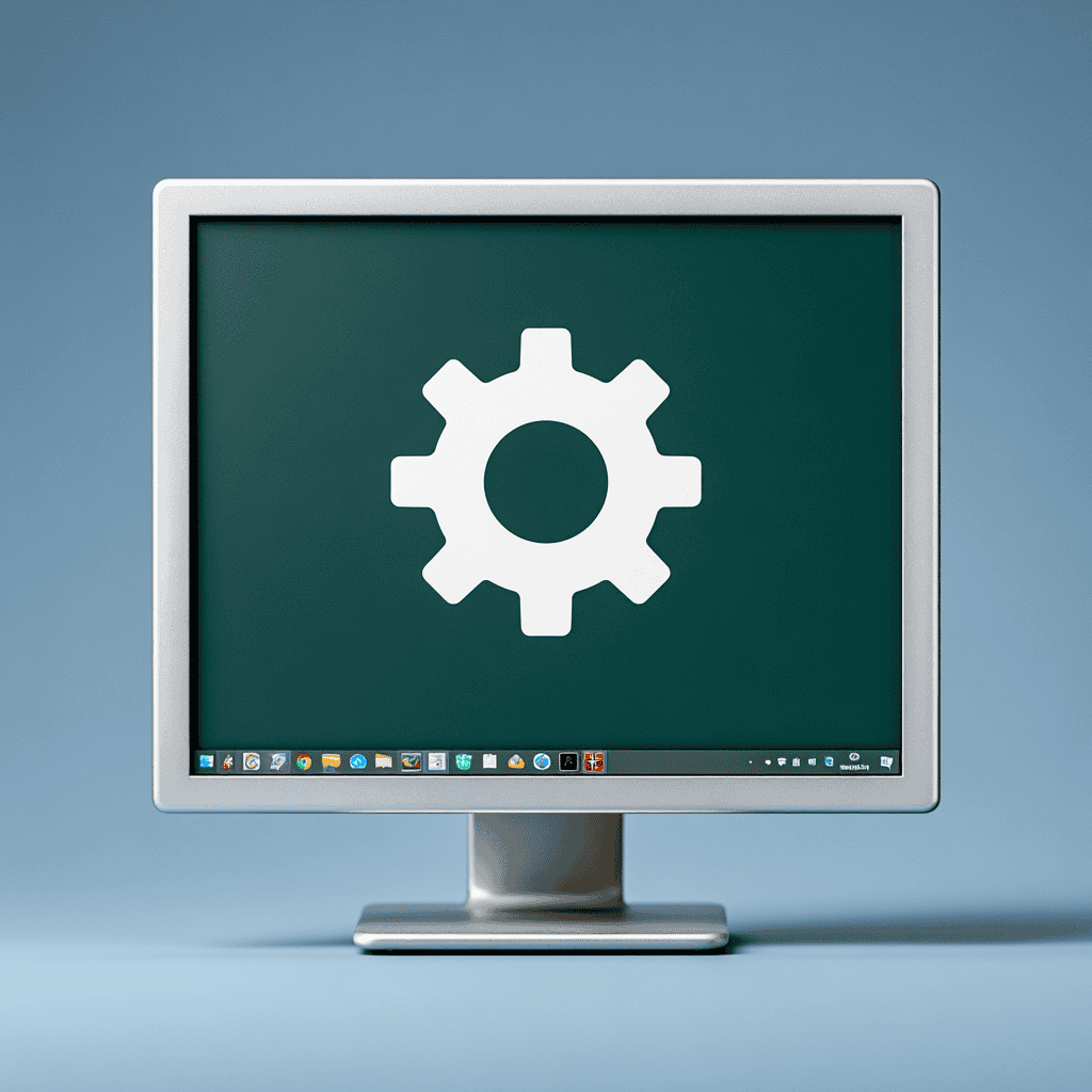 Computer monitor displaying a gear icon for settings or configuration.