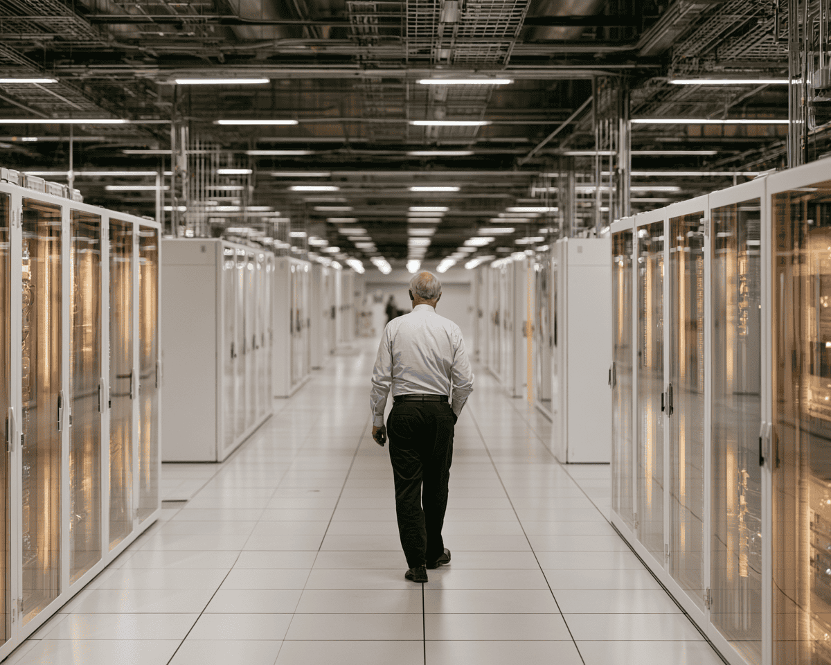 Man walking through a modern data center with server racks on both sides.