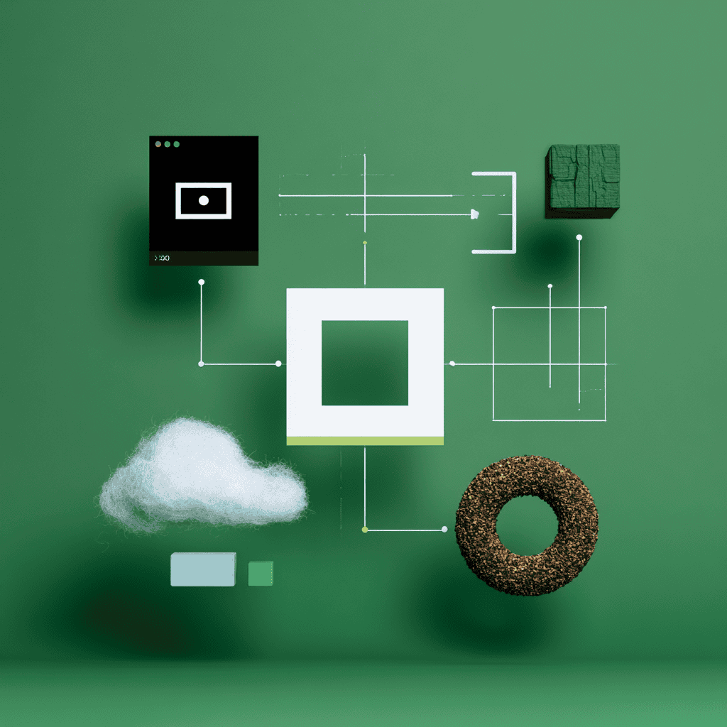 Digital technology and cloud computing concept with geometric shapes and connections.
