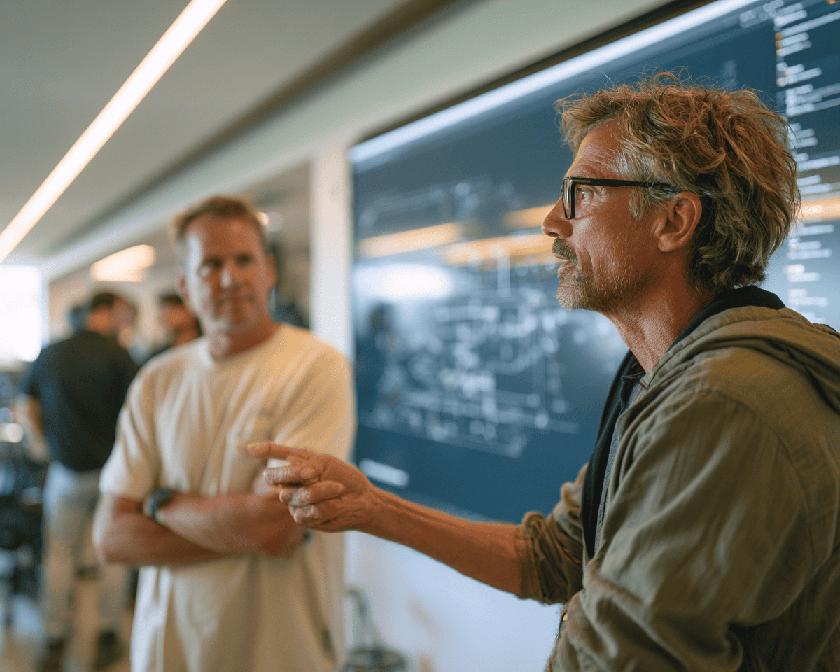 Two men in a tech office discussing data on a large screen.