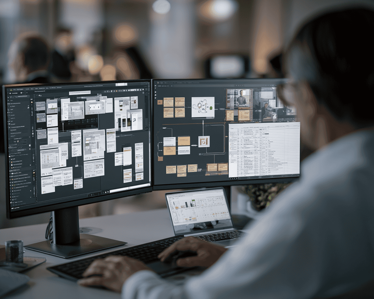 Person working on dual monitors with project management and design software.