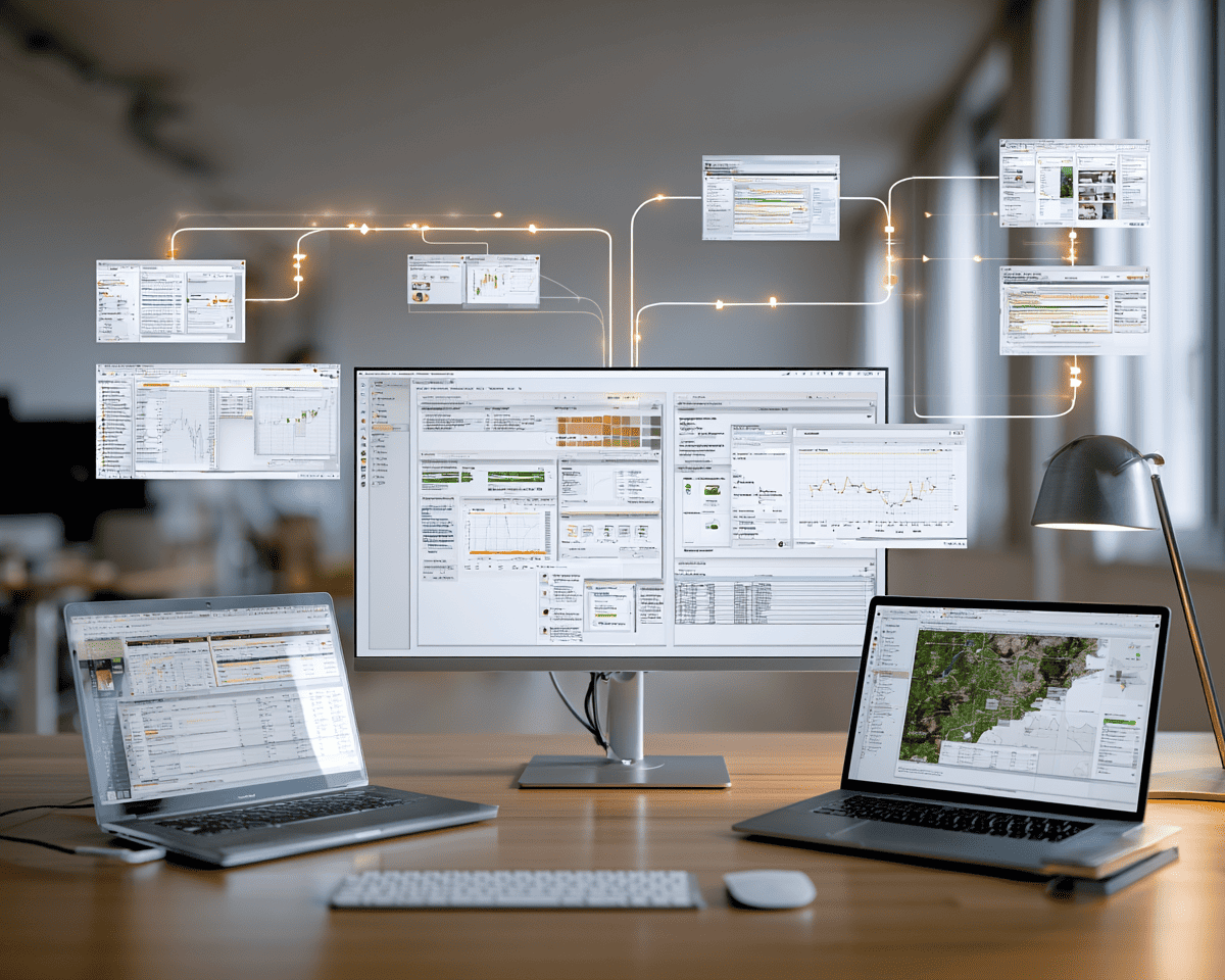 Multiple computer screens displaying data analytics and cloud connections.