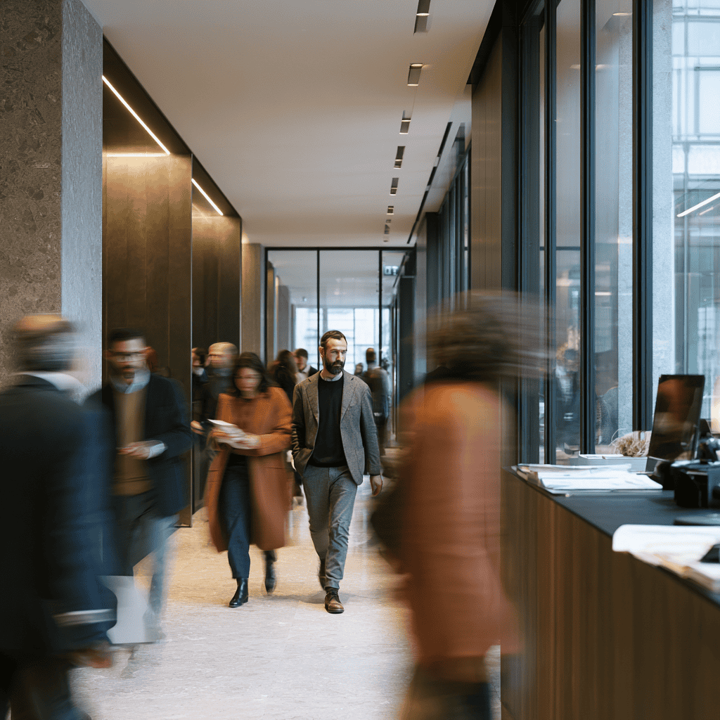 Busy modern office lobby with people walking and working near large glass windows.