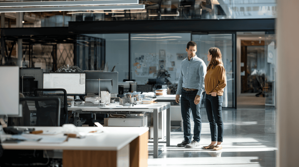 Two colleagues discussing project details in a contemporary office space.