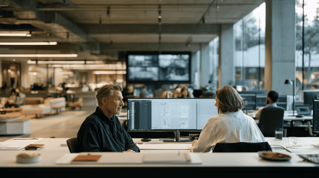 Team of professionals collaborating in a modern office workspace.