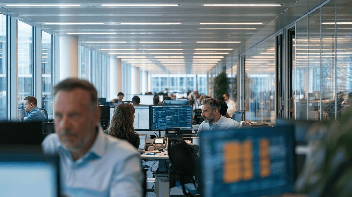 Open-plan office with professionals working at desks and computers.