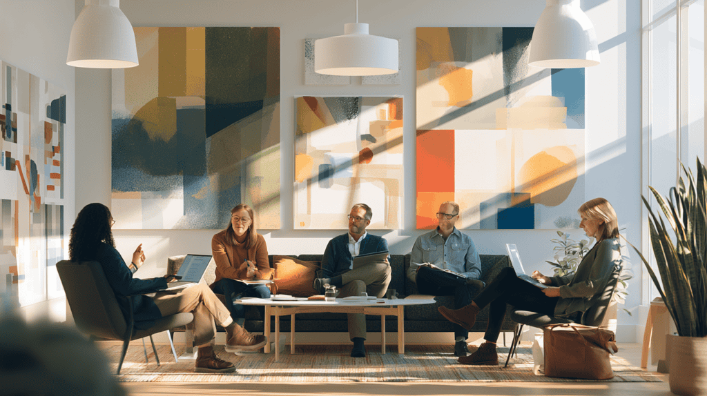 Team of professionals collaborating in a bright, modern office space with colorful artwork.