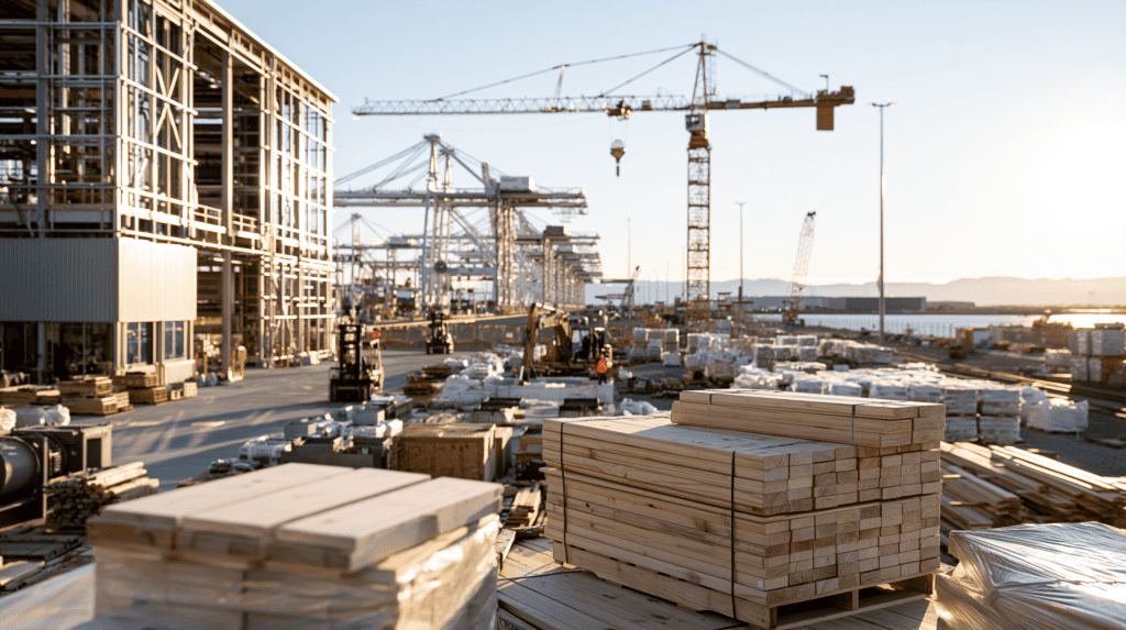 Construction site with cranes, building materials, and ongoing development.