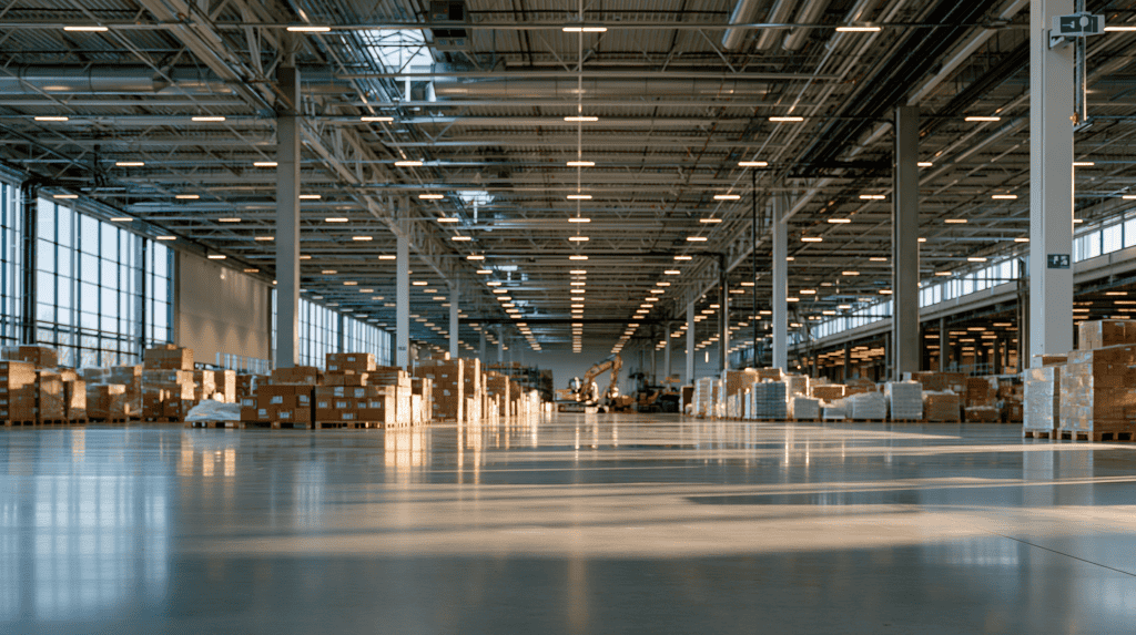 Spacious warehouse with high ceilings, shelves, and boxes at Linnovate.