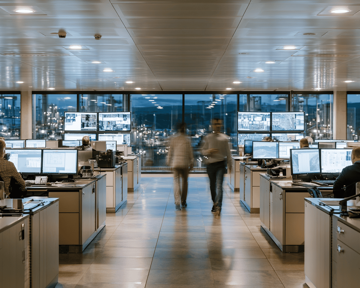 Control room with multiple screens and people working at desks in a high-tech environment.