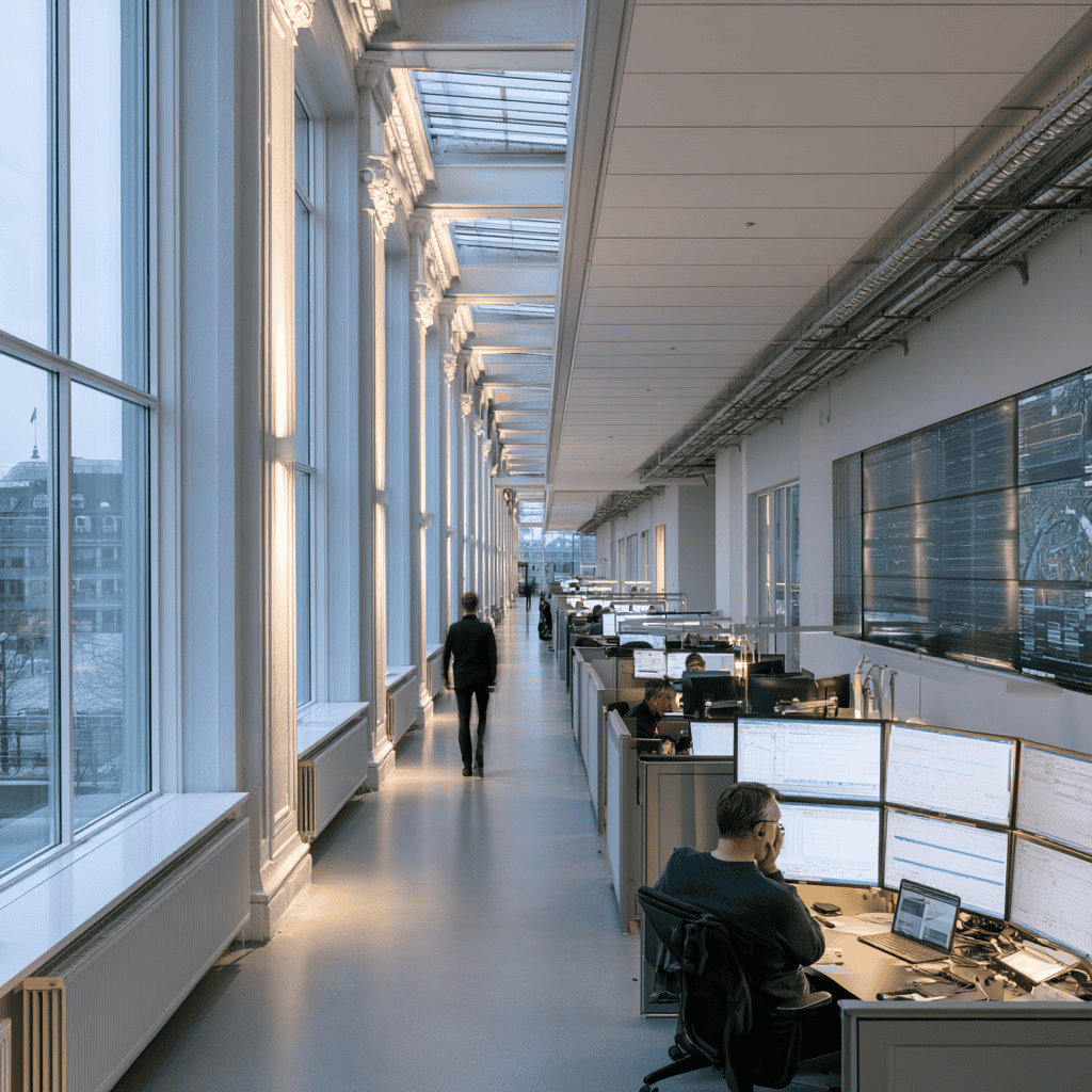 Office interior with multiple computer monitors displaying data analytics.