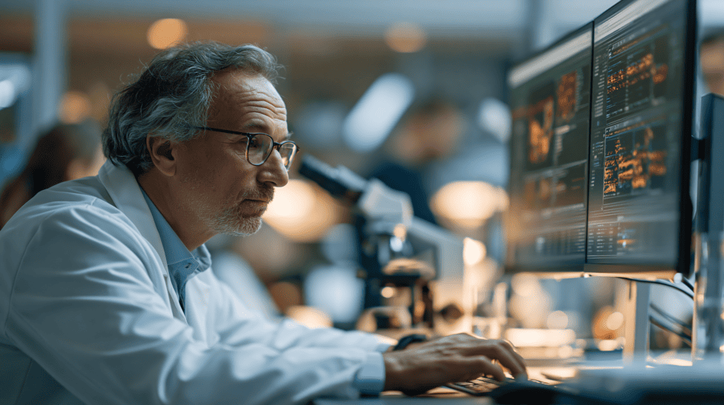 Experienced data scientist working with multiple monitors displaying data analysis.