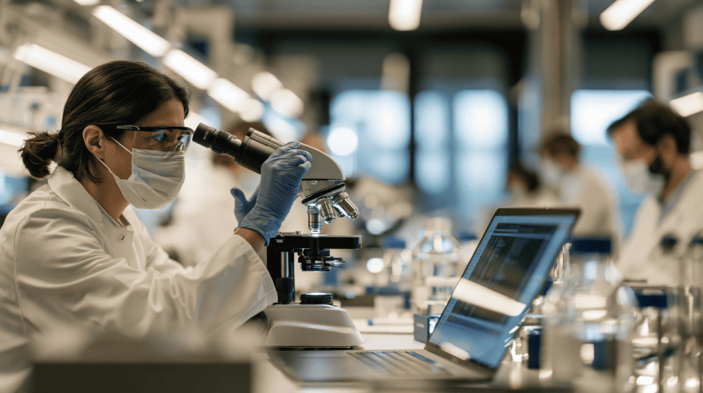 Research scientist examining samples with microscope in modern lab.
