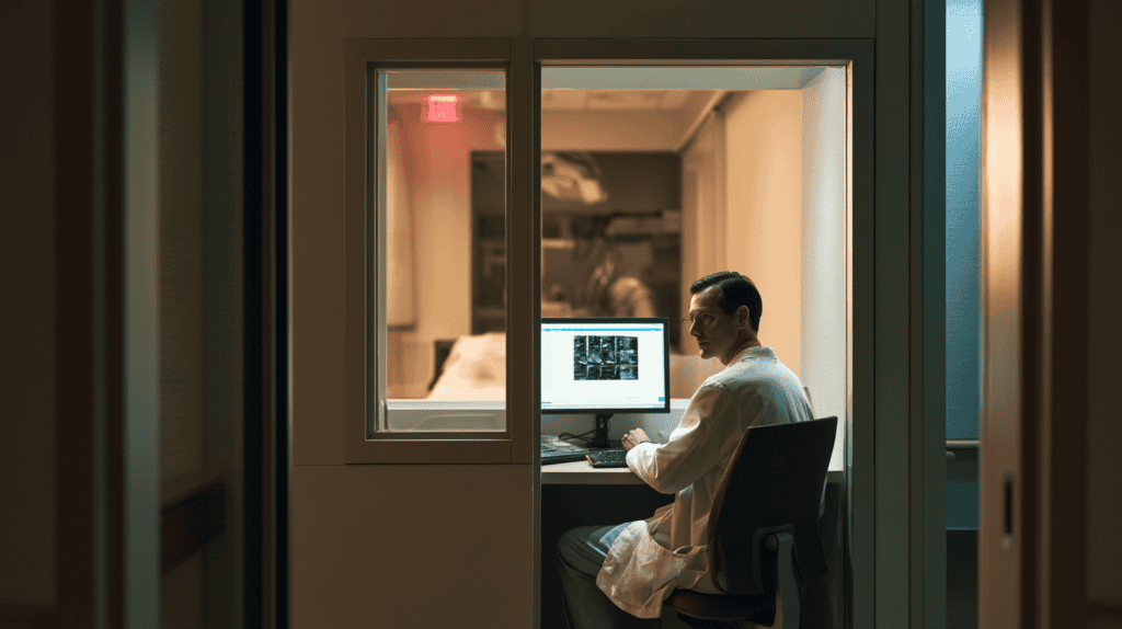 Software developer working at a computer in a modern office.