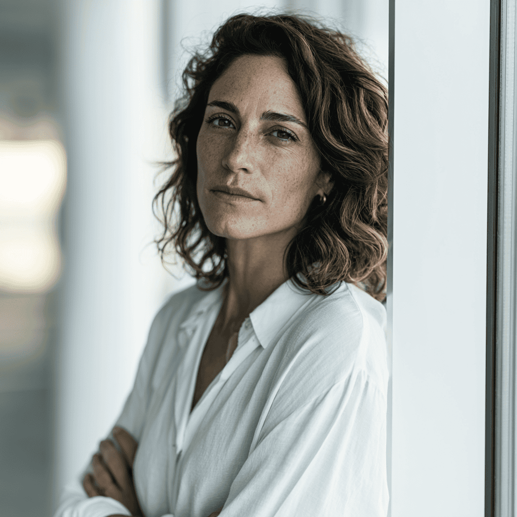 Portrait of a confident woman with curly hair in a professional setting.