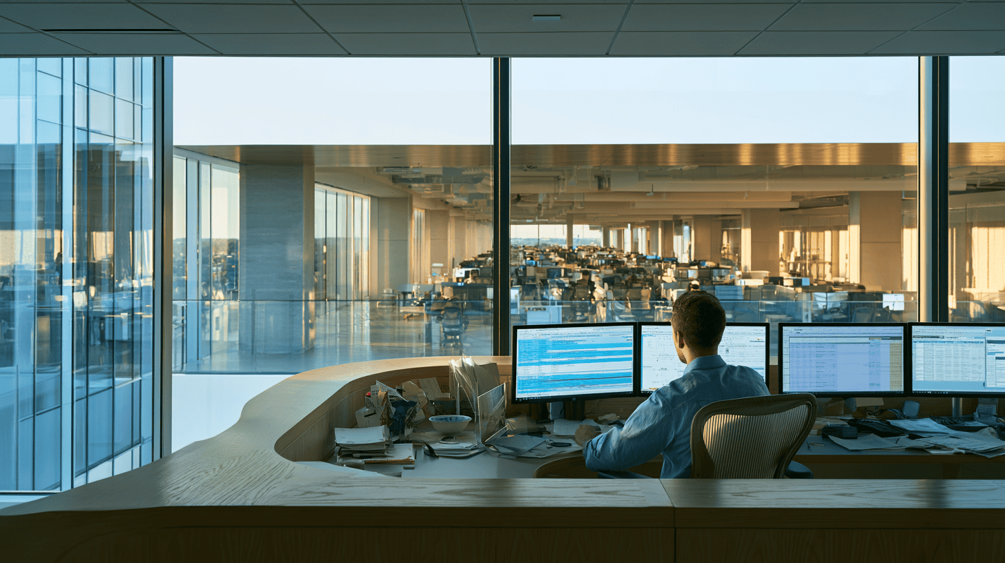 Business professional working at a desk with multiple monitors in a high-rise office.