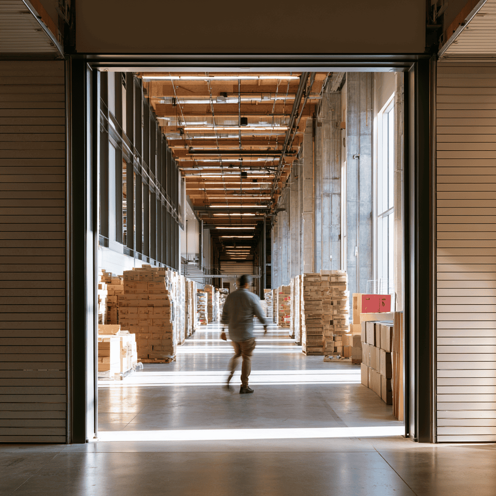 Modern warehouse interior with stacked pallets and natural lighting.