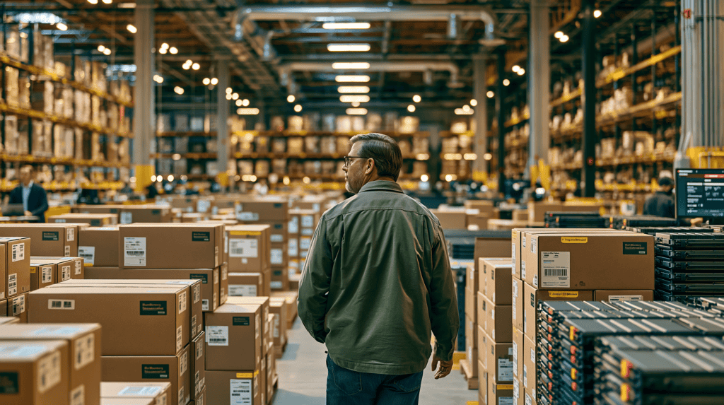 Man inspecting boxes in a large warehouse with shelves and packages.