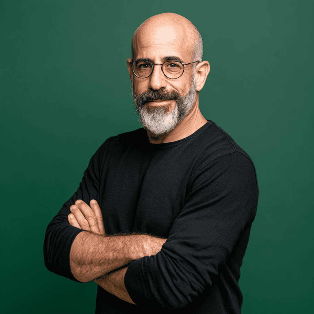 Mature man with glasses and beard, crossing arms, against green background.