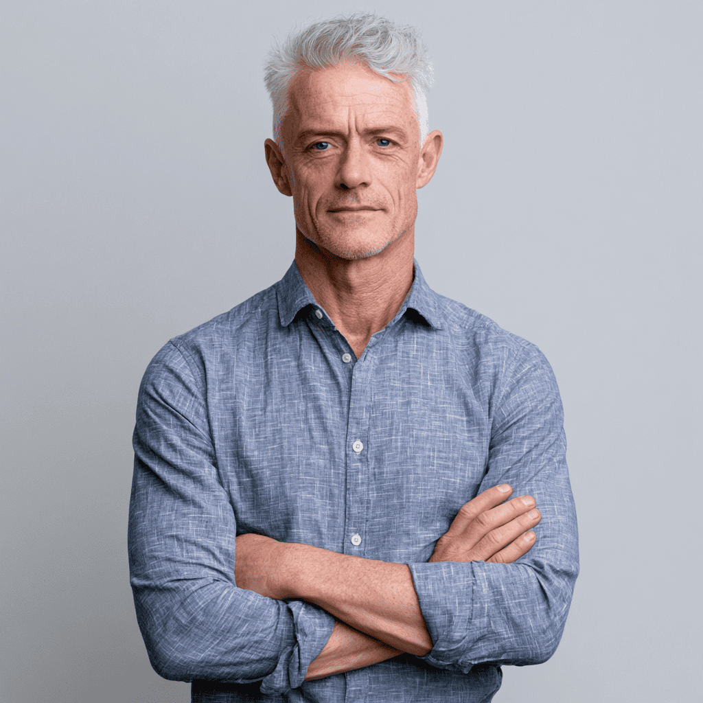 Portrait of a confident mature man with crossed arms and serious expression.