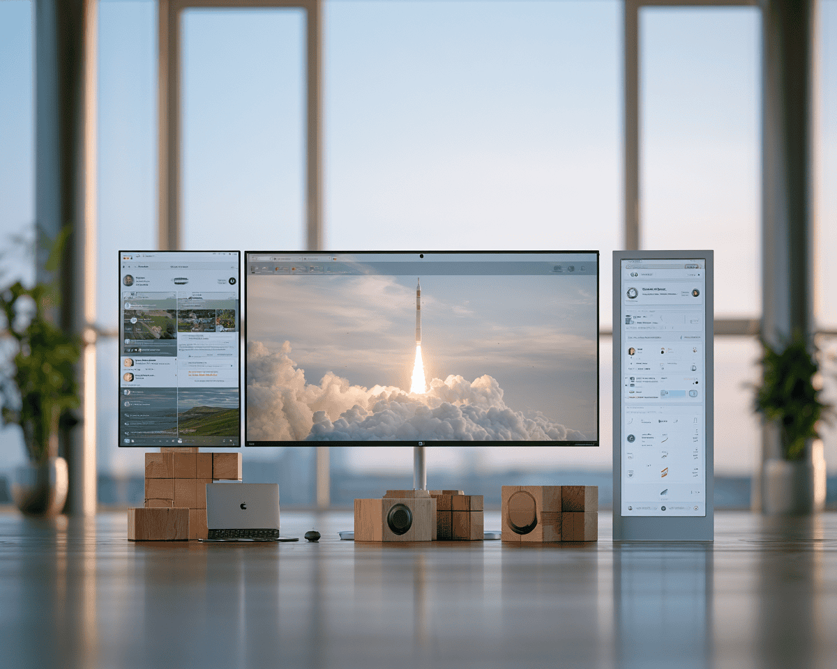 Modern workspace with three monitors displaying cloud and communication apps.
