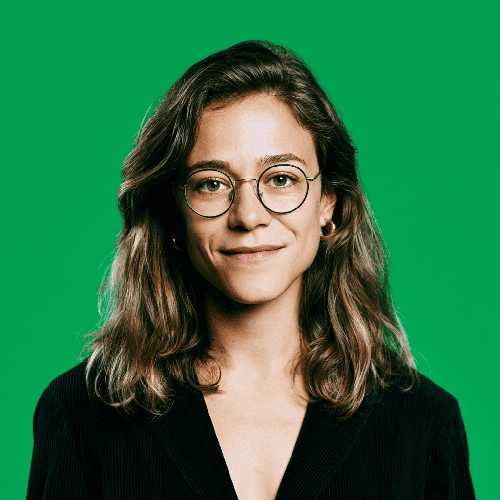 Portrait of a professional woman with glasses against green background.
