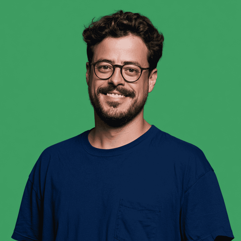 Smiling man with glasses in a blue shirt against green background.