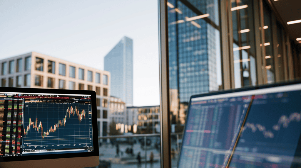 Stock market trading charts displayed on computer screens in a contemporary office setting.