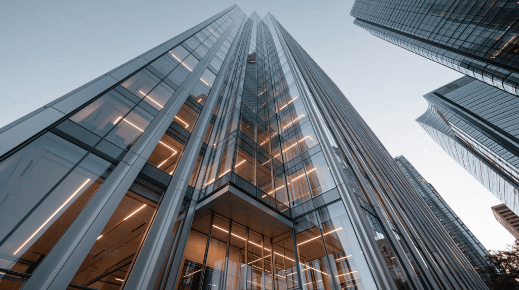 Tall glass skyscraper reflecting the sky and surrounding buildings.