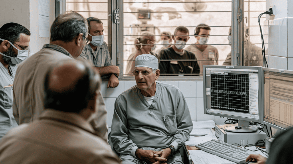 Medical team in hospital discussing patient data on monitors.