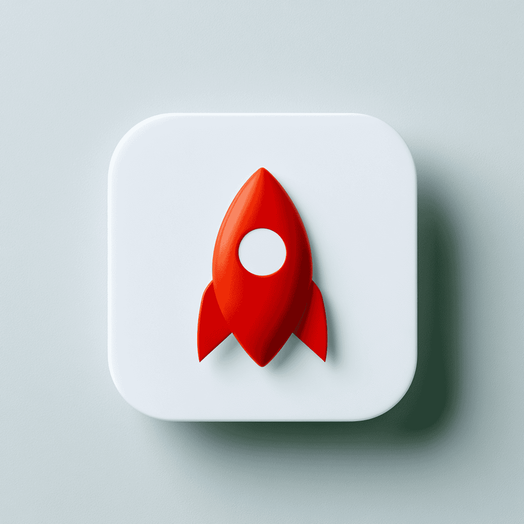 Red rocket icon on a white background for tech or startup branding.