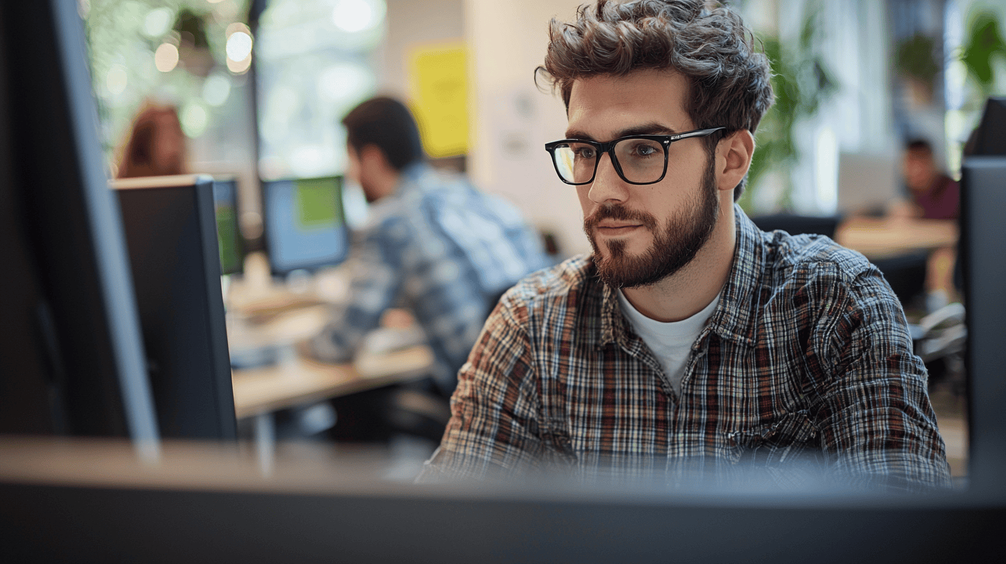Young man with glasses working on a computer in an open-plan office.