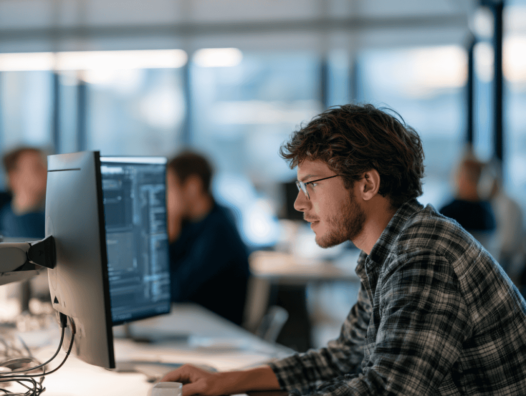 Young man with glasses coding at his desk in a modern office environment.